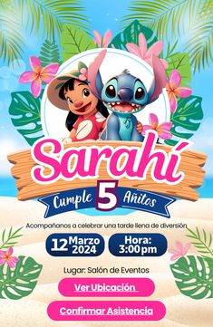 an advertisement for the event with two cartoon characters in front of palm trees and flowers