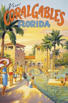 an old florida travel poster with people on the beach and palm trees in the background