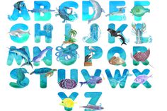 the letters and numbers are made up of watercolor fish, sea creatures, and marine life