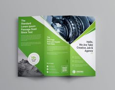 a green and white brochure with an image of machinery