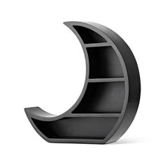 the curved shelf is black and has shelves on each side, as well as an open bookcase