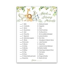 a printable baby shower game with animals and leaves on the top, including names