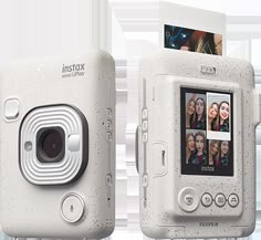 an instax camera is shown with its cover open to show the images on it