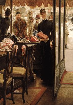 a painting of people standing in front of a store window with clothing on display behind them