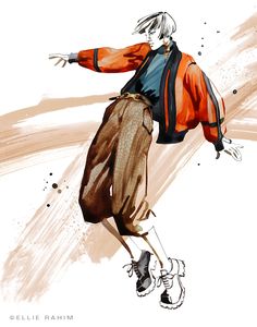 a drawing of a man in an orange jacket and brown pants with his arms outstretched