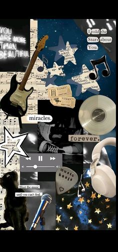 a collage of music related items including an electric guitar, headphones and stars