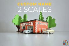 two cars are parked in front of a building with the words custom name 2 scales