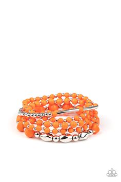 Infused with dainty silver beads, a mismatched collection of refreshing orange and shiny silver beads are threaded along stretchy bands around the wrist for a colorfully layered look.

 Sold as one set of five bracelets. Orange Bracelet, Rose Gold Beads, Silver Frames, Paparazzi Accessories, Blue Gems, Vintage Orange, Paparazzi Jewelry, Vintage Bracelets, Silver Accents