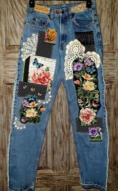 One of a kind, hand sewn Sashiko, vintage linens & crocheted doilies. Upcycled Doilies, Buttons On Clothes, Applique Jeans, Vintage Signage, Sashiko Stitching, Quilted Clothing, Crocheted Doilies, Boho Patchwork