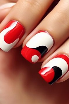 Step into the Fun: Beautiful Red and White Nails for a Flirty Look Elegant Manicure Designs, Red And White Nails, Cartoon Nails, Elegant Manicure, Manicure Designs, Mens Nails, Abstract Nail Art, Lines On Nails, Vibrant Nails