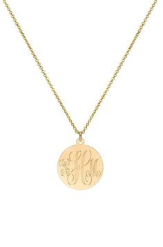 14k Gold Large Disc Pendant Classic Monogram Initial Necklace In Yellow Gold, Elegant Monogram 14k Gold Necklaces, Classic Yellow Gold Monogram Initial Necklace, Engraved Yellow Gold Initial Medallion Necklace, Personalized Yellow Gold Medallion Necklace, Elegant Personalized Medallion Necklace, Personalized Elegant Medallion Necklace, Elegant Engraved Initial Pendant Medallion Necklace, Elegant 14k Gold Round Name Necklace