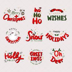 six christmas stickers with the words merry, happy, holly, and santa's help