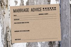 a marriage advice card attached to a wooden post