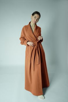 All my robes - https://www.etsy.com/shop/HBStyleEU Beautiful, well made robe that is so soft and luxurious.  With large pockets and long sleeves. Made of very soft and pleasant to the body jersey. On the wrong side has a down. It is really warm and cozy. It absorbs moisture well and dries quickly. Perfect gift for your loved ones. - 95% organic cotton, 5% elastan . Knitwear has certificates GOTS and Oeko-Tex. - 100% Handmade, cut and sewn with all care and on good equipment to order in our studio. - Standard length robe 56" / 142cm (but if you need shorter or longer, please write in the personalization).  - Standard sleeve length with turned-up cuff from neck +- : S - 30,5"/ 77,5cm, M - 30,7"/ 78cm, L - 31"/ 79cm, XL - 31,5"/ 80cm (but if you need shorter or longer, please write in the per Fall Robe With Pockets And Long Sleeves, Fitted Long Robe For Fall, Long Robes For Women, Sweater Robe, Wool Robe, Floor Length Robe, Cashmere Robe, Winter Robes, Linen Robe