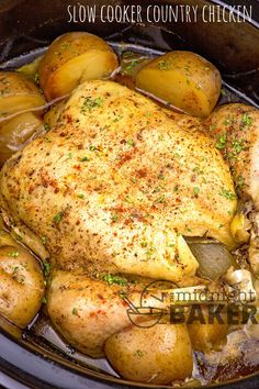 slow cooker country chicken with potatoes and gravy in the crock pot