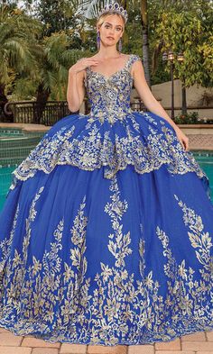 Dancing Queen 1881 - Metallic Embroidered Tiered Ballgown Royal Blue Quince, Skirt Corset, Quinceañera Ideas, Blues Dance, Blue Quince, Metallic Embroidery, Body Measurement, Royal Blue And Gold, Quinceanera Dress