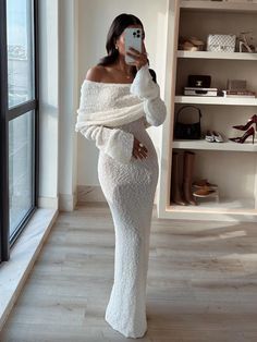 Knit Off-Shoulder Long Sleeve Maxi Dress – Free From Label Beach Party Dress, Beach Holiday Dresses, Loose Maxi Dress, Holiday Beach, Knitwear Dress, Maxi Knit Dress, Loose Sweater, Long Sleeve Maxi, Party Dresses For Women