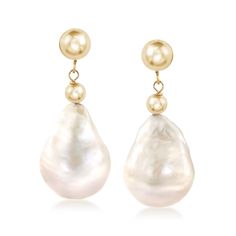 12-14mm Cultured Baroque Pearl Drop Earrings in 14kt Yellow Gold | Ross-Simons Pearl Bar Necklace, Cultured Pearl Ring, Bridal Jewels, Cultured Pearl Bracelet, Freshwater Pearl Drop Earrings, Seashell Pendants, Baroque Pearl Necklace, Flower Decor, Classic Jewelry