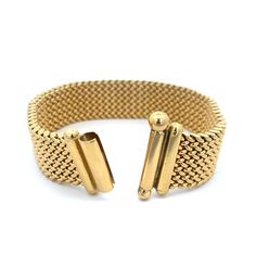 Wide Mesh Bracelet in 18K Yellow Gold. The bracelet is 8.5" long, 20mm wide, and weighs 58.69 grams. Stamped 750 BREV. Mesh Bracelet, Girly Jewelry, Earring Necklace, Ring Necklace, Precious Metals, Cufflinks, Jewelry Gifts, Fine Jewelry, Gift Card