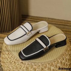 Bormay - Stylish and Casual Color Block Chunky Heel Slides with Soft Leather and Cushioned Soles White High Heel Shoes, White High Heels, Leather Slide Sandals, Leather Slippers, Comfortable Flats, Leather Slides, Thick Heels, Heeled Loafers, Mary Jane Shoes