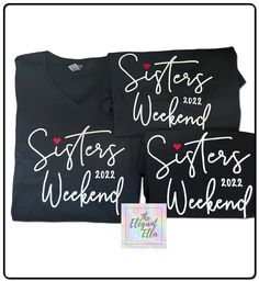 Sisters weekend T-shirt it's a great article of clothing to celebrate a memorable trip amongst sisters. This listing is customizable! T-shirts and writing can be done in any colors and any hashtag can be added to the back of the shirt. These are made on the softest blended unisex crewneck T- shirts or Woman's fitted v neck Use the pull down menu to make your selection Can be made on gray or black!! Custom colors available too! Sister Trip Shirt Ideas, Sisters Weekend Shirts, Custom Text Black Summer Tops, Black Custom Text Tops For Summer, Disney Marathon Shirts, Sisters Vacation, Sisters Shirts, Disney Marathon, Marathon Shirts