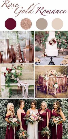 a collage of different wedding colors and bridesmaid's bouquets in shades of burgundy