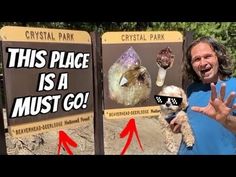 a man is standing in front of two signs with animals on them and the words crystal park