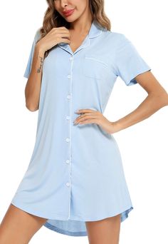 PRICES MAY VARY. Material —— Short Sleeve Button Nightgown is made of 95% Viscose and 5% Spandex, the fabric is ultra soft, breathable, skin-friendly and high elastic, comfortable short nightshirt for women. Boyfriend Style Sleepwear —— Long / Short sleeves, notch collar, v neck, button front, contrast piping, mid-thigh length, curved high-low hem add more fashion sense.postpartum essentials/Breastfeeding shirts for women/Nursing Pajamas Above the Knee length sleepdress is cool. Button up nights Maternity Nightgown, Boyfriend Sleeping, Nursing Gown, Breastfeeding Shirt, Nursing Nightgown, Nursing Pajamas, Pajama Dress, Women's Nightgowns, Nightgowns For Women