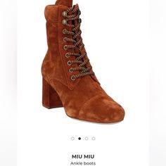 Miu Miu Classic Hi-Heel Laced Up Brown Suede Boots New 35 1/2 Miu Miu Leather Boots With Round Toe, Miu Miu Leather Boots Round Toe, Designer Heeled Boots With Almond Toe For Fall, Designer Almond Toe Boots For Fall, Miu Miu Leather Boots For Fall, Patent Leather Booties, Brown Suede Boots, Buckle Ankle Boots, Miu Miu Shoes