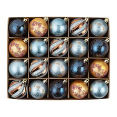 twelve christmas ornaments in a wooden box