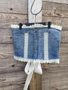 Corset style denim crop top with cream colored eyelet lace trim. Reworked Corset, Lace Insert Top, Halter Top And Skirt, Green Halter Top, Blue Halter Top, Denim Tank Top, Style Crop Top, Denim Crop Top, Denim Corset