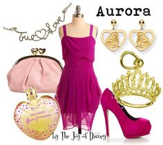 there is a pink dress and gold accessories on this page, with the caption aurora