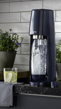 a water dispenser sitting on top of a counter next to some potted plants