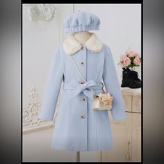 Baby Blue Girls Winter Coat And Beret 11-12y Brand New Shein Cute Preppy Never Worn Cute Light Blue Winter Outerwear, Classic Light Blue Winter Outerwear, Girls Winter Coat, Bow Coat, Shein Jackets, Blue Cream, Kids Jacket, Winter Coat, Baby Blue