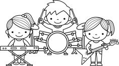 three kids playing music together coloring page