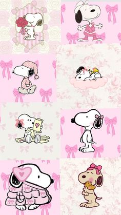 many different pictures of dogs with bows and hearts on pink background, including one in the middle