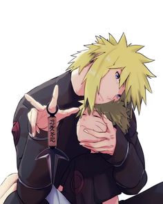 an anime character with blonde hair and black clothes holding his hands on his chest, looking at the camera