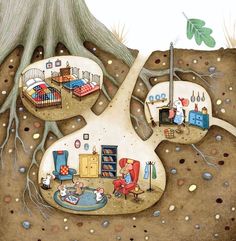 an illustration of a tree with houses on it and people in the ground around them