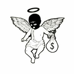 an angel holding a bag with money in it