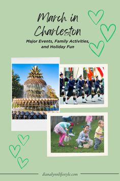 an advertisement for march in charleston with photos of children playing and having fun at the park