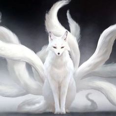 a white fox standing in front of a black background with long, flowing tail like hair