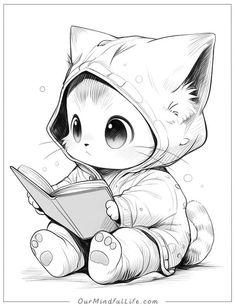 a drawing of a cat with a book in it's paws and wearing a hoodie