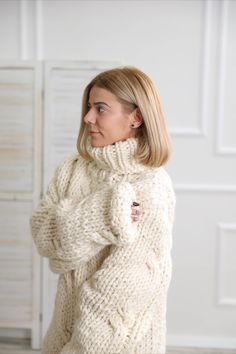 Thai is amazing wool sweater Cozy Winter White Turtleneck For Winter, Oversized Cozy Turtleneck For Cold Weather, Cozy Beige Turtleneck, Winter Beige Turtleneck Cardigan, Oversized High Neck Beige Turtleneck, Casual Wool Chunky Knit Turtleneck, Casual Chunky Knit Wool Turtleneck, Cozy Chunky Knit Turtleneck Outerwear, Casual Wool Turtleneck With Chunky Knit