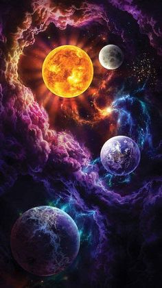 an image of planets in space with the sun and stars above them, all surrounded by clouds