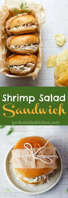 shrimp salad sandwich in a paper bag and on a plate with potato chips next to it