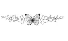 a black and white drawing of a butterfly with flowers on it's back side