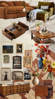 a collage of photos with furniture and pictures on the wall, including a couch