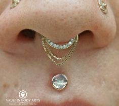 a woman's nose is adorned with gold jewelry