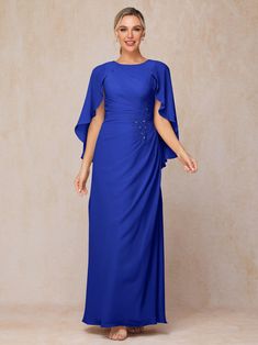 A Line Floor Length Chiffon Mother Of The Bride Dress With Cape Evening Sheath Chiffon Dress, Blue Georgette Dress For Banquet, Fitted Georgette Chiffon Evening Dress, Fitted Georgette Mother Of The Bride Dress For Party, Chiffon Evening Dress For Mother Of The Bride, Blue Chiffon Mother Of The Bride Dress, Blue Chiffon Evening Dress For Mother Of The Bride, Blue Fitted Georgette Evening Dress, Dress With Cape