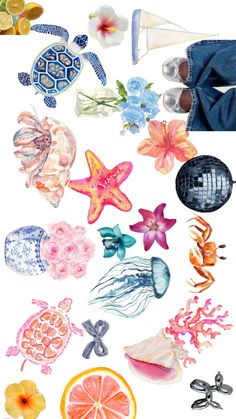 an assortment of sea life is shown in watercolors and ink on white paper